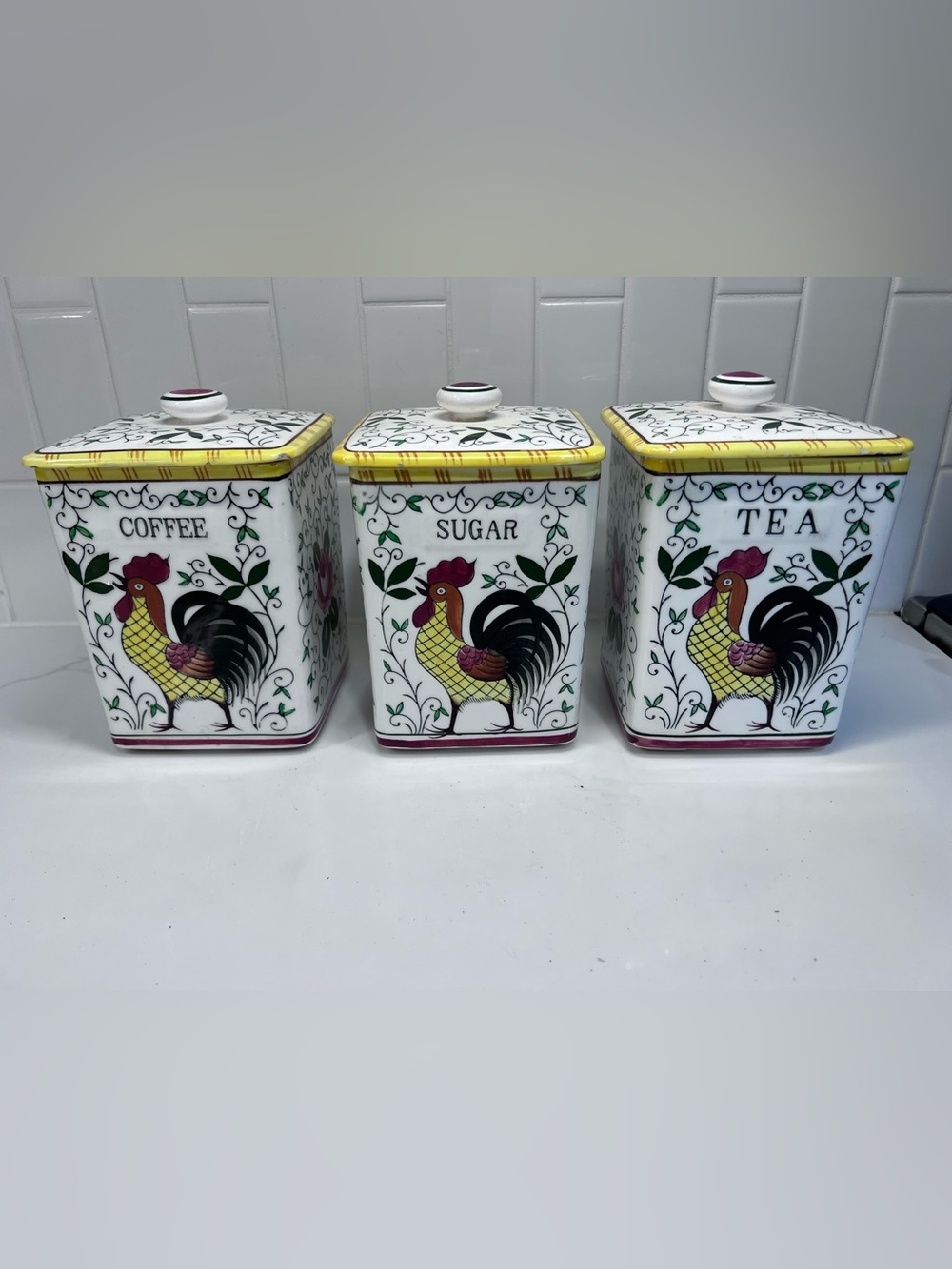 Vintage Early Provincial ROOSTER and ROSES Canisters by UCAGCO Sugar Tea Coffee